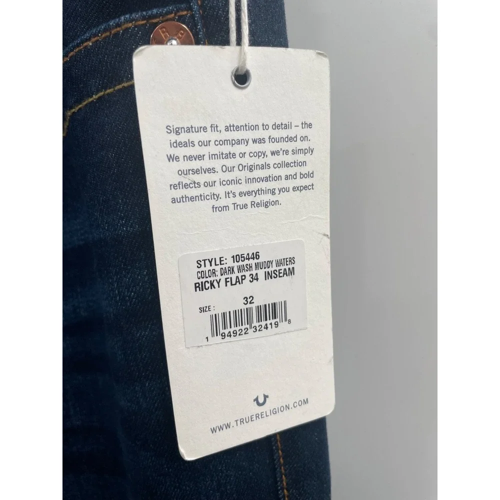 NWT True Religion Ricky‎ Flap Jeans Men 32 Dark Washed Blue 5-Pocket Relaxed Fit